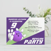 Bowling Party Verjaardag Paarse en Groen Kaart (Staand voorkant)