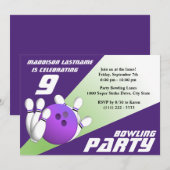 Bowling Party Verjaardag Paarse en Groen Kaart (Voorkant / Achterkant)