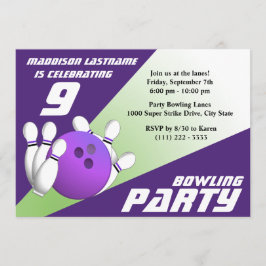 Bowling Party Verjaardag Paarse en Groen Kaart