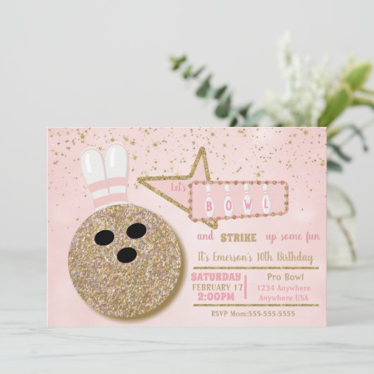 Bowling party, Verjaardag roze glitter look Kaart (Staand voorkant)