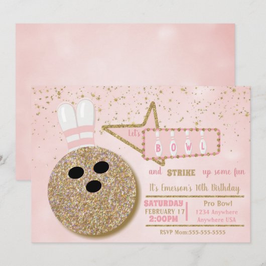 Bowling party, Verjaardag roze glitter look Kaart (Voorkant / Achterkant)