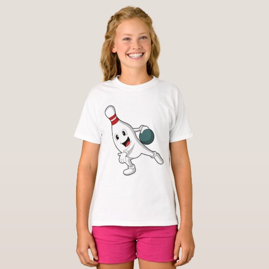 Bowling pin bij Bowling met Bowling ball T-shirt (Voorkant volledig)