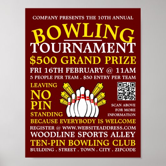 Bowling Pin Design, Ten-Pin Bowling Tournament Poster (Voorkant)