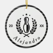 Bowling Pin Logo & Aangepaste Naam Jaar Sport Them Keramisch Ornament (Voorkant)