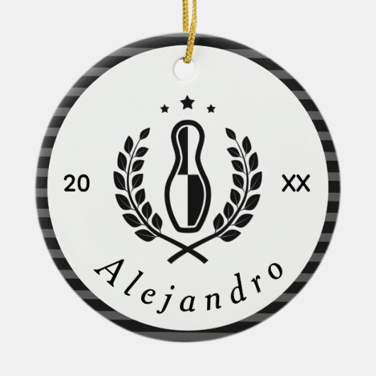 Bowling Pin Logo & Aangepaste Naam Jaar Sport Them Keramisch Ornament (Voorkant)
