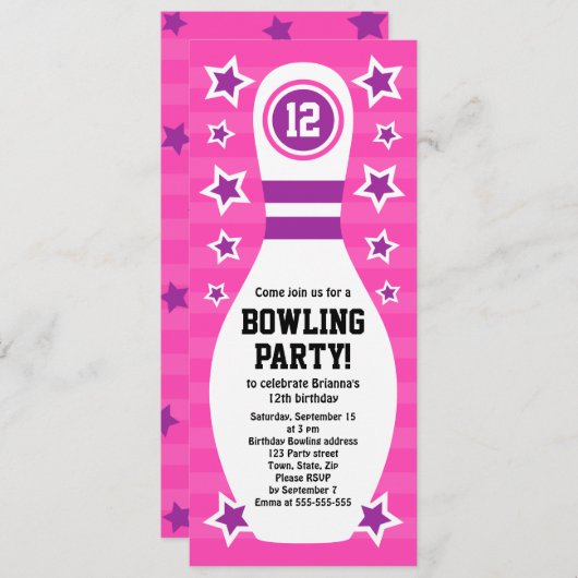 Bowling pin verjaardagsfeest uitnodiging met sterr (Voorkant / Achterkant)