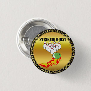 Bowling pins en ball met het woord STRIKEOLOGIST Ronde Button 3,2 Cm
