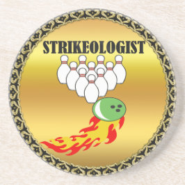 Bowling pins en ball met het woord STRIKEOLOGIST Zandsteen Onderzetter