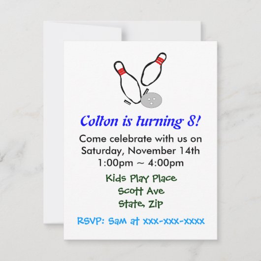 Bowling Pins Kids Birthday Party Invitation Kaart (Voorkant)