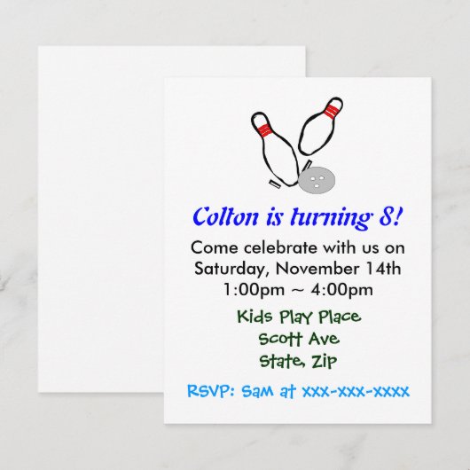 Bowling Pins Kids Birthday Party Invitation Kaart (Voorkant / Achterkant)