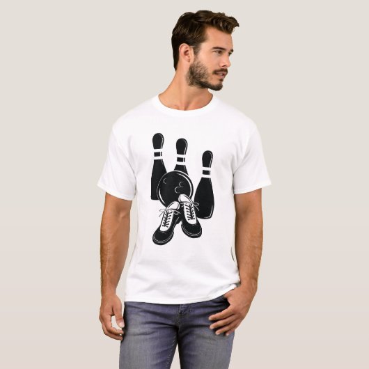 Bowling pins schoenen en bal sport kunst t-shirt (Voorkant volledig)