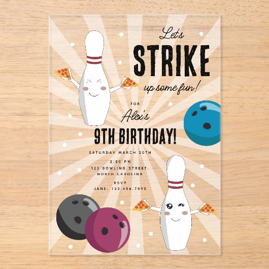 Bowling Pizza Strike Up Sommige Leuke Kinderen Ver Acryl Uitnodigingen (Voorkant)