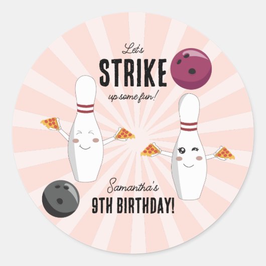 Bowling Pizza Strike Up Sommige Leuke Kinderen Ver Ronde Sticker (Voorkant)