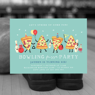Bowling Pizza Verjaardagsuitnodiging Jongens Slaan Kaart