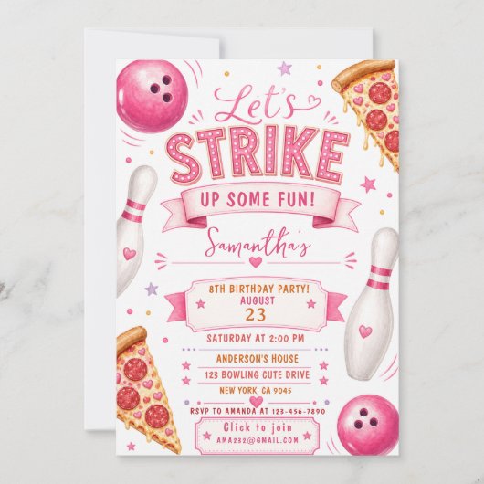 Bowling Pizza Verjaardagsuitnodiging Kaart (Voorkant)