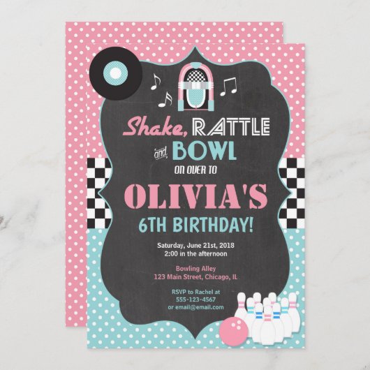 Bowling rock and roll girl jarig kaart (Voorkant / Achterkant)