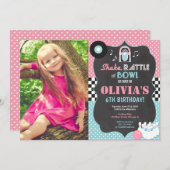 Bowling rock and roll meisje verjaardag foto kaart (Voorkant / Achterkant)