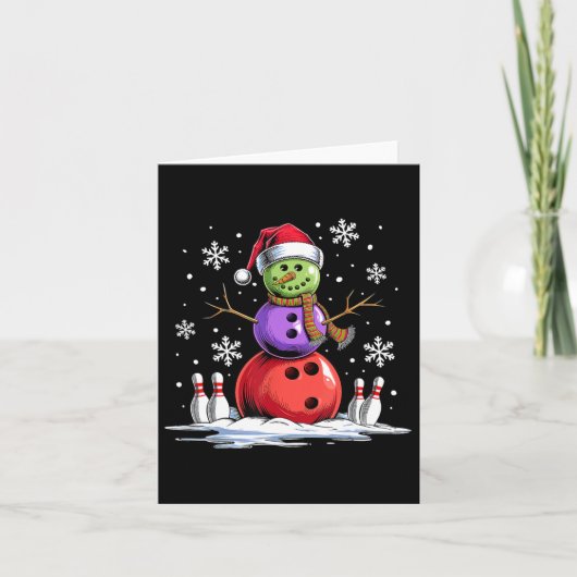 Bowling Snowman Bowling Player Santa Hat Kerstmis Kaart (Voorkant)