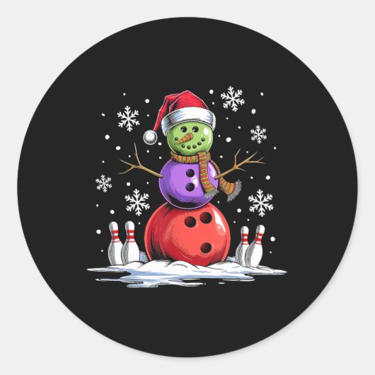 Bowling Snowman Bowling Player Santa Hat Kerstmis Ronde Sticker (Voorkant)