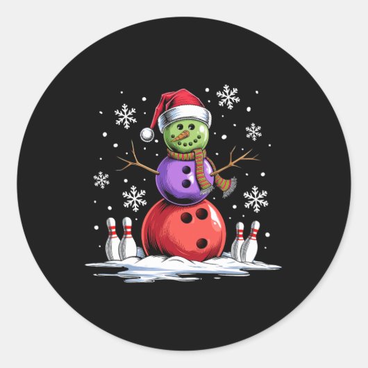 Bowling Snowman Bowling Player Santa Hat Kerstmis Ronde Sticker (Voorkant)
