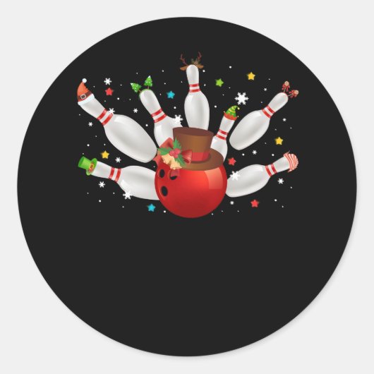 Bowling Spel Kerstmis Bowler Santa Hoed Merry Chri Ronde Sticker (Voorkant)