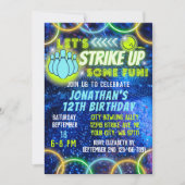 Bowling Strike Up Fun Neon Glow Blue Boys Verjaard Kaart (Voorkant)