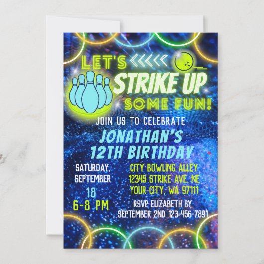 Bowling Strike Up Fun Neon Glow Blue Boys Verjaard Kaart (Voorkant)