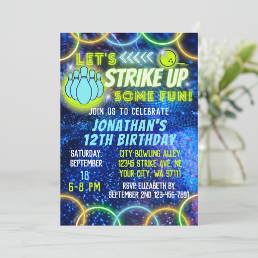 Bowling Strike Up Fun Neon Glow Blue Boys Verjaard Kaart (Staand voorkant)