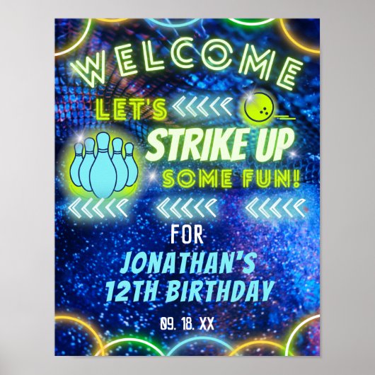 Bowling Strike Up Fun Neon Verjaardags Welkom Bord Poster (Voorkant)