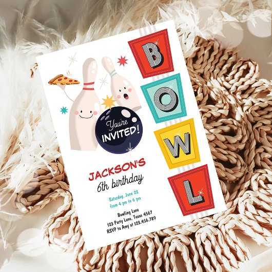 Bowling Strike Up Sommige Leuke Retro Jongen Meisj Kaart