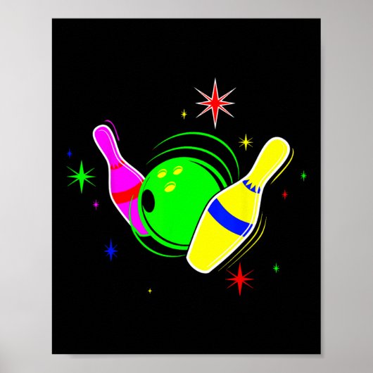 Bowling T Shirt 80s Retro Neon Sign Strike Bowling Poster (Voorkant)