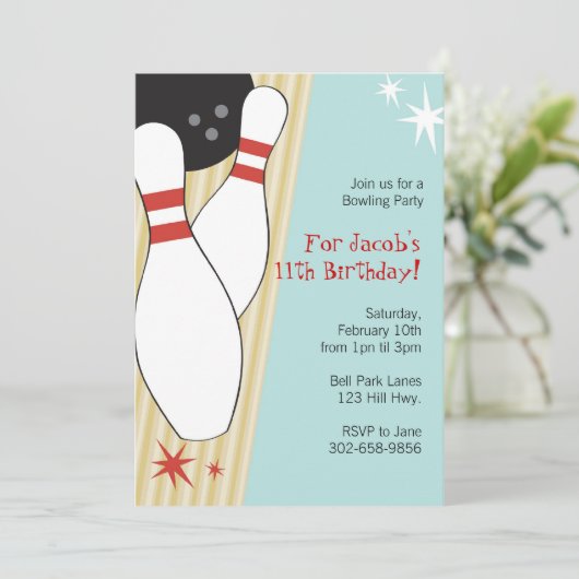 Bowling Thmed Birthday Party Invitations Kaart (Staand voorkant)