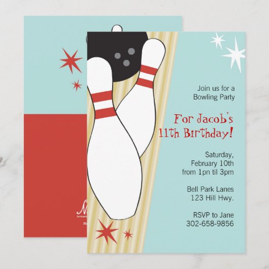 Bowling Thmed Birthday Party Invitations Kaart (Voorkant / Achterkant)