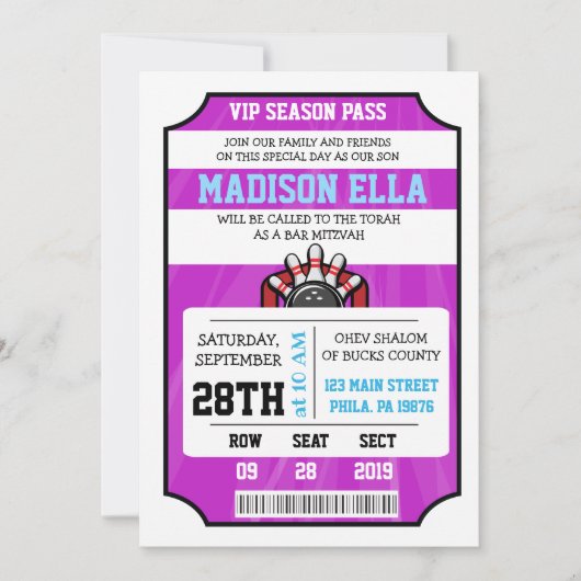 BOWLING TICKET Bar/Bat Mitzwa Uitnodiging (Voorkant)