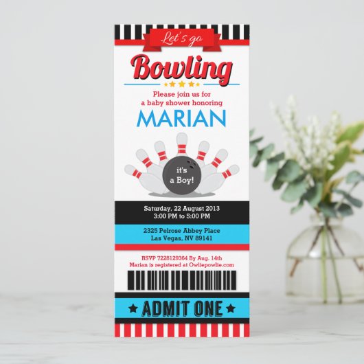 Bowling Ticket Pass Baby shower Uitnodiging (Staand voorkant)