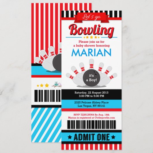 Bowling Ticket Pass Baby shower Uitnodiging (Voorkant / Achterkant)