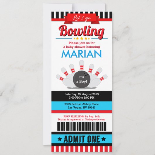 Bowling Ticket Pass Baby shower Uitnodiging (Voorkant)
