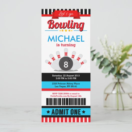 Bowling Ticket Pass Birthday Party Invitation Kaart (Staand voorkant)