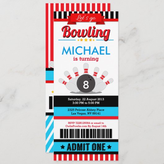 Bowling Ticket Pass Birthday Party Invitation Kaart (Voorkant / Achterkant)