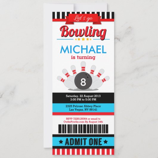 Bowling Ticket Pass Birthday Party Invitation Kaart (Voorkant)