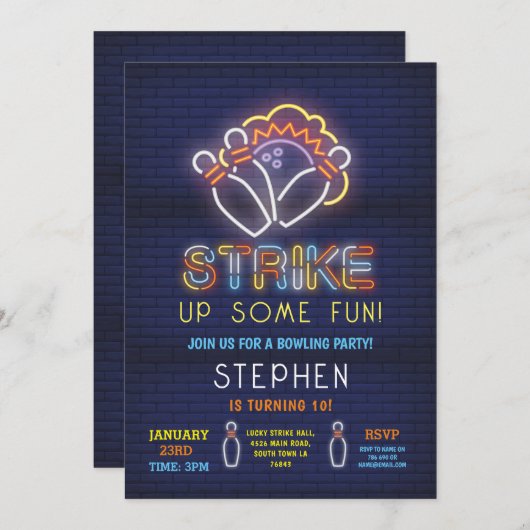 Bowling uitnodigen Verjaardagsfeest Neon Lucky Str Kaart (Voorkant / Achterkant)