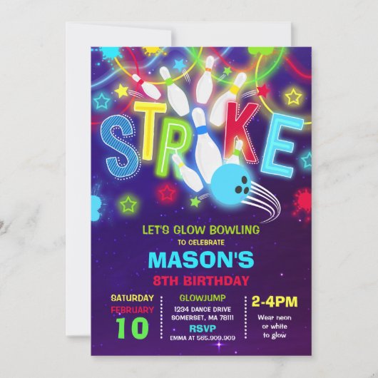 Bowling Uitnodiging Glow Neon Bowling verjaardag (Voorkant)