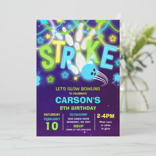 Bowling Uitnodiging Glow Neon Bowling verjaardag (Staand voorkant)