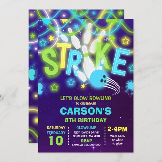 Bowling Uitnodiging Glow Neon Bowling verjaardag (Voorkant / Achterkant)