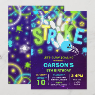 Bowling Uitnodiging Glow Neon Bowling verjaardag
