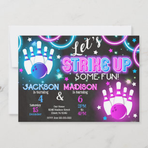 Bowling Uitnodiging Glow Neon Gezamenlijke Verjaar