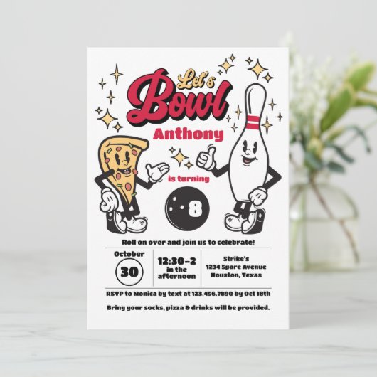 Bowling  uitnodiging - Rood (Staand voorkant)
