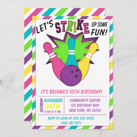 Bowling Uitnodiging voor een Meisjes Verjaardagsfe (Voorkant / Achterkant)