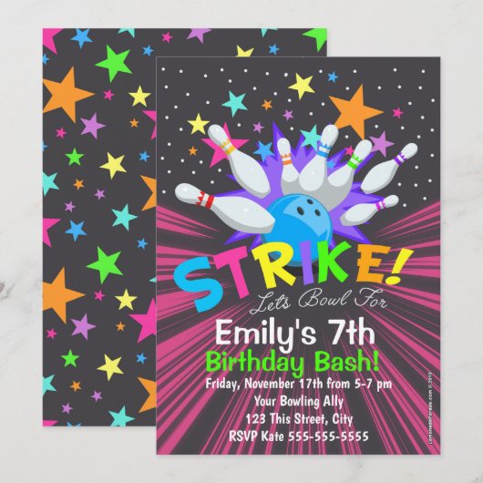 Bowling Uitnodigingen, Bowling Verjaardagsfeest Ui Kaart (Voorkant / Achterkant)