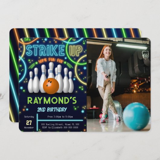Bowling Verjaardag Foto uitnodiging (Voorkant / Achterkant)